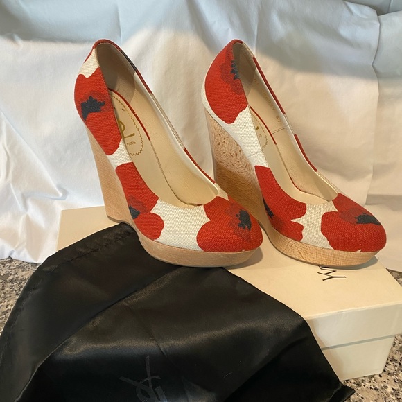 Yves Saint Laurent Poppy Print Canvas Maryna Cork Wedges - Picture 2 of 8